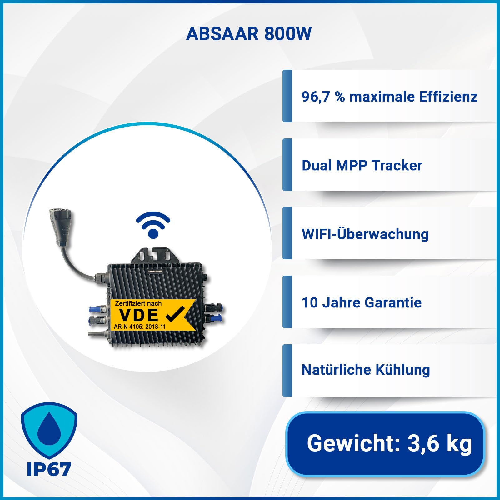 ABSAAR AB800A 800W Wechselrichter – WiFi, IP67, 96,7 % Effizienz, Für Balkonkraftwerk