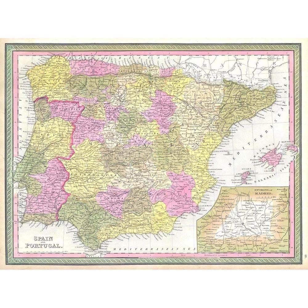Wee Blue Coo 1850 Mitchell Map Spain And Portugal Vintage Art Print Poster Wall Decor 12X16 Inch