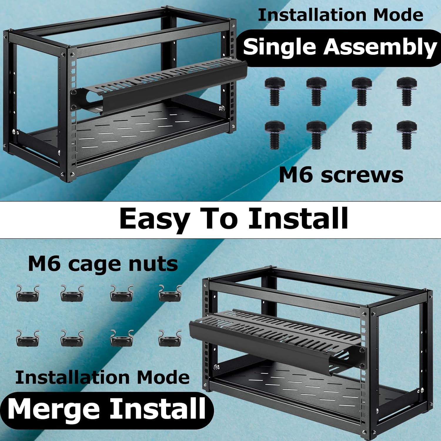1U Cable Manager 19 Inch Fits Horizontally 24 High-Capacity Slot Metal Finger Duct, 2 Pack, with Cover and Mounting Screws, for Server Rack, Rack Mount, Black