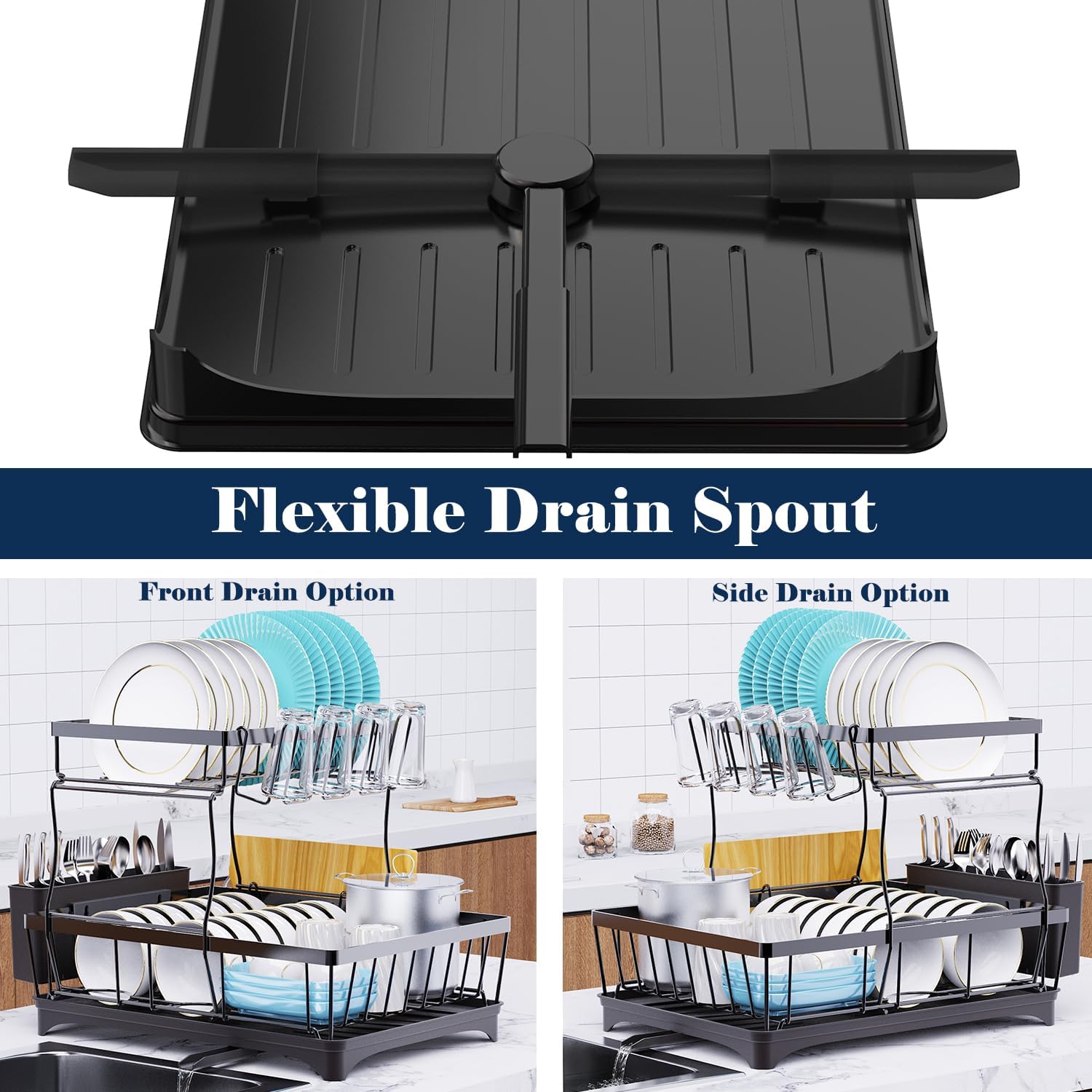 Large Dish Drying Rack for Kitchen Counter, Detachable Large Capacity Dish Drainer Organizer, 2-Tier Dish Racks with Utensil Holder, Black