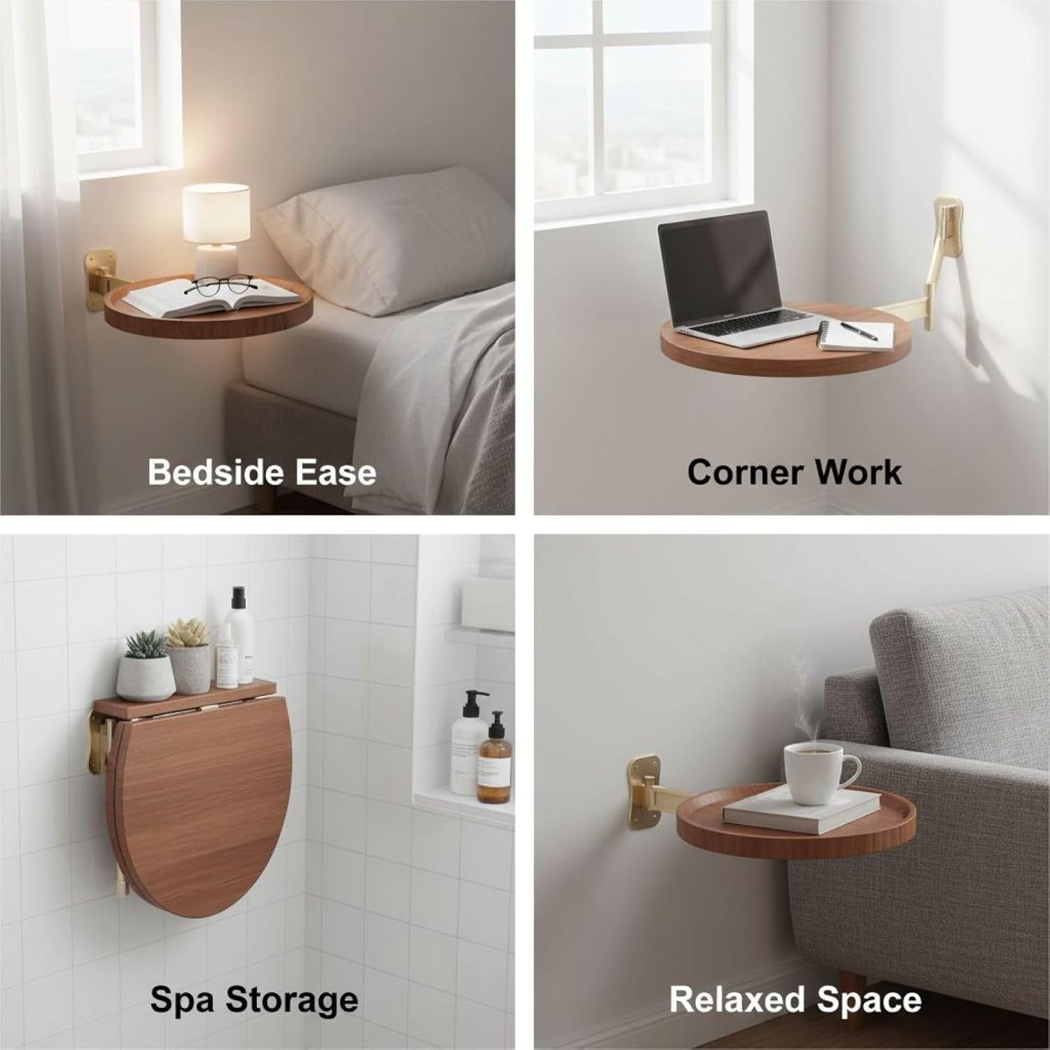 Wall Mounted Folding Table Walnut, 11 in Small Round Tray with Aluminum Alloy Bracket, Space-Saving Folding Table for Bedroom, Living Room, Bathroom, Office