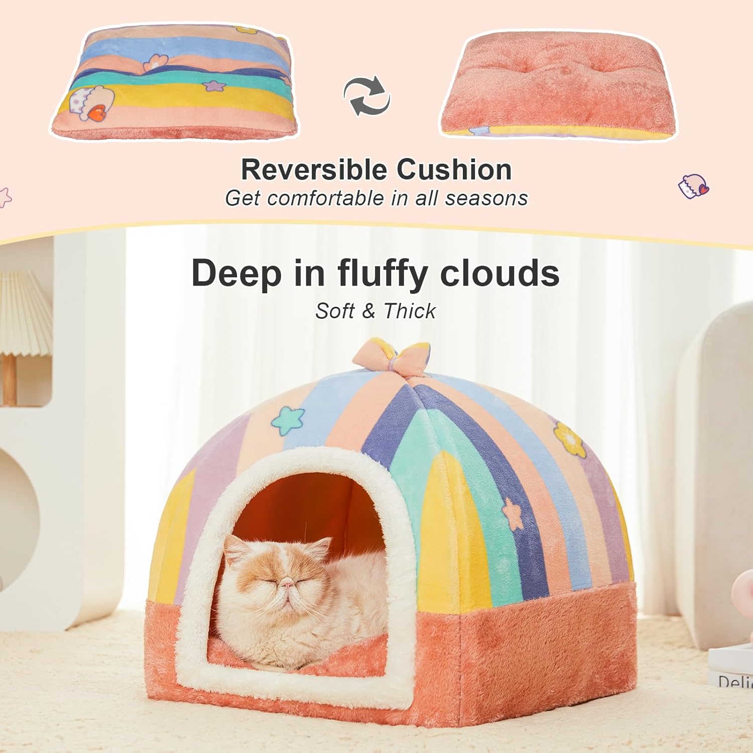review Jiupety Cute Cat House for Cats and Puppy, Cat Beds for Indoor, Cat Cave Bed with Removable Cushion, Cat Hideaway, 2-in-1 Pink Cat Bed, Medium, Rainbow.