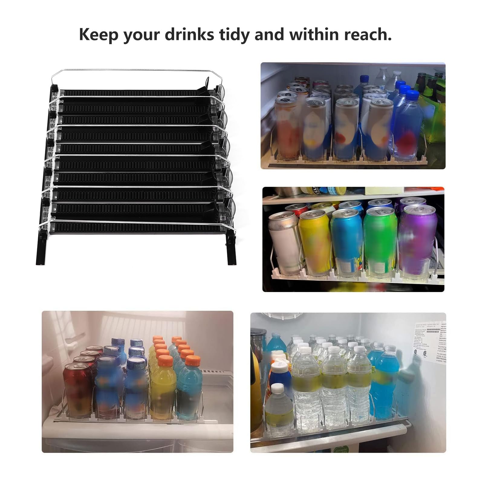 Dispensador de bebidas de refrigerador autocontrol, ajuste de ancho, refrescos a prueba de lluvia puede organizador de refrigerador, contiene latas y botellas, negro (5PCS)