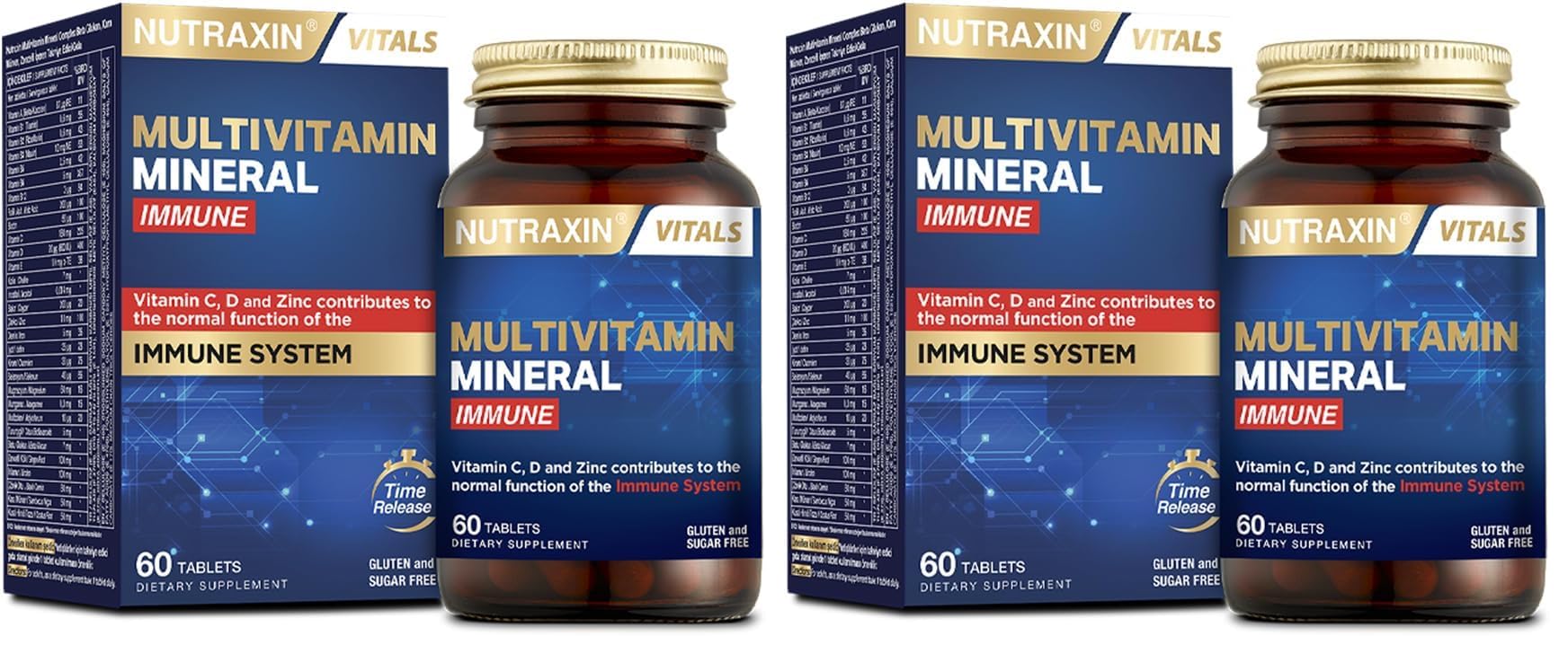 Nutraxin Multivitamin & Mineral Immune | 12 Vitamin + 8 Mineral | Bağışıklık Sistemi ve Enerji Desteği | Şeker ve Gluten İçermez | 60 Tablet (2 paketi)