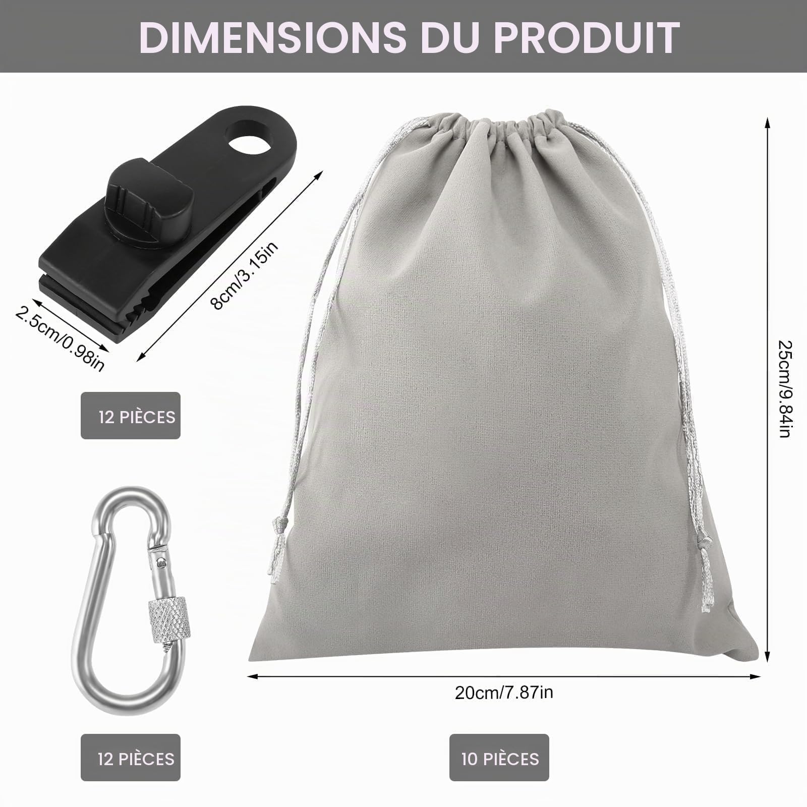 Lot de 10 sacs de lestage portables pour tonnelle, 20 x 25 cm, sacs de lestage en toile avec 12 mousquetons et clips