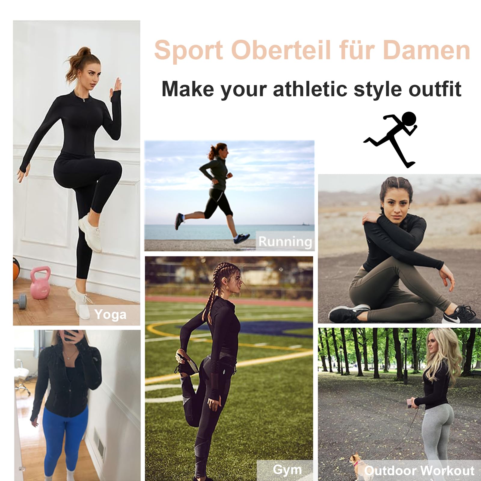 Sportshirt Damen Langarm, Gym T-Shirt Laufshirt mit Langer Reißverschluss, Leicht Fitness Oberteil Sweatshirt, Yoga Langarm Crop Top mit Daumenloch, Sportjacke für Frauen