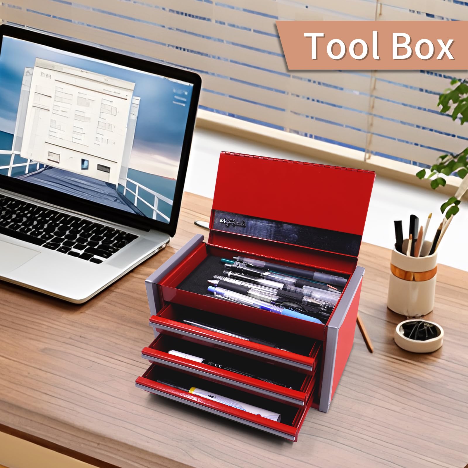 Mini Metal Tool Box with 3 Drawers and Top Storage Portable Micro With Compartments Multifunctional Tool Box for Tools Storage and Organizers,Home DIY (Red) - Image 3