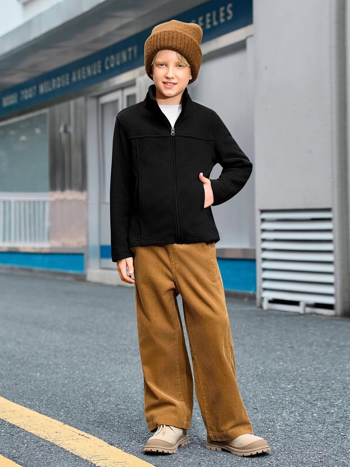 Haloumoning Boys Zip Up Fleece Jacket Kids Lightweight Outerwear Long Sleeve Mock Neck Coat with Pockets 5-14Y - Image 5