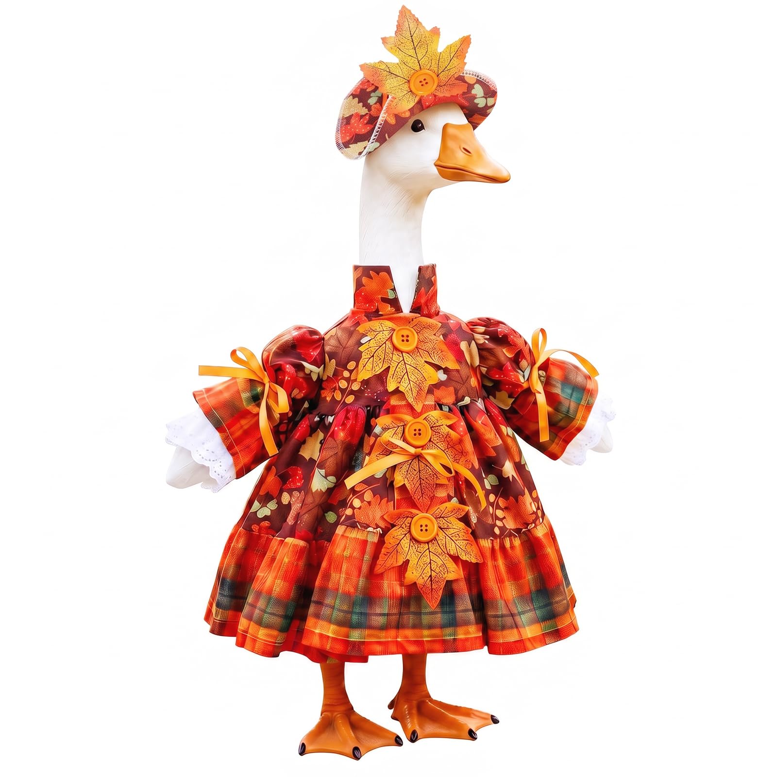 MENIBBLER Porch Goose Outfit Autumn Maple Leaves Style, 23 Inch Lawn Cement Plastic Goose Costume Decorative Garden Statue Dress Up Clothes with Hat for Outdoor Lawn Yard Thanksgiving Party