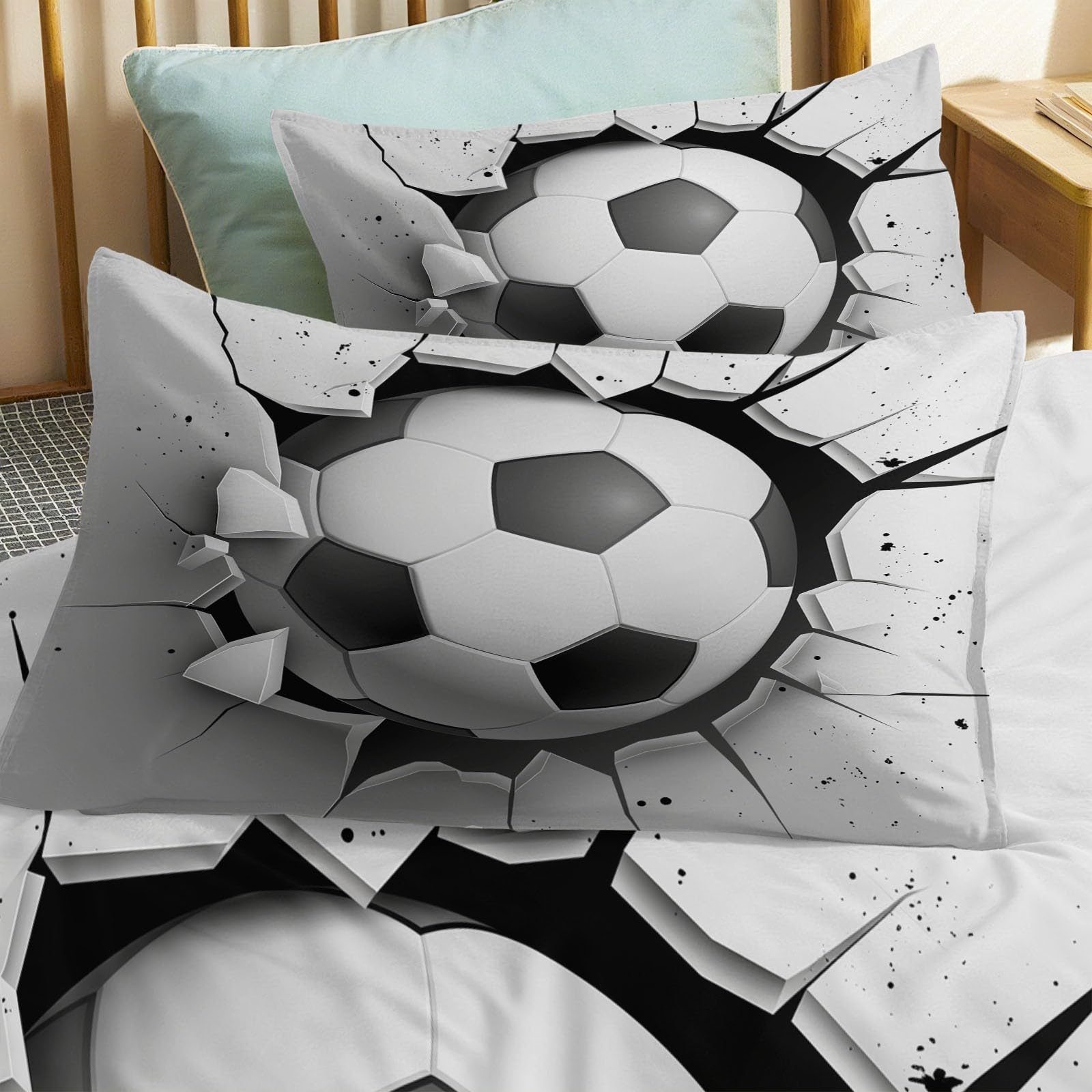 Juego de Funda Nórdica 3 Piezas para Cama 105 - Funda Edredón Reversible 180x220 cm Balón De Fútbol Pared Dibujo Animado, Ropa de Cama Gris para Cama Individual y Matrimonio