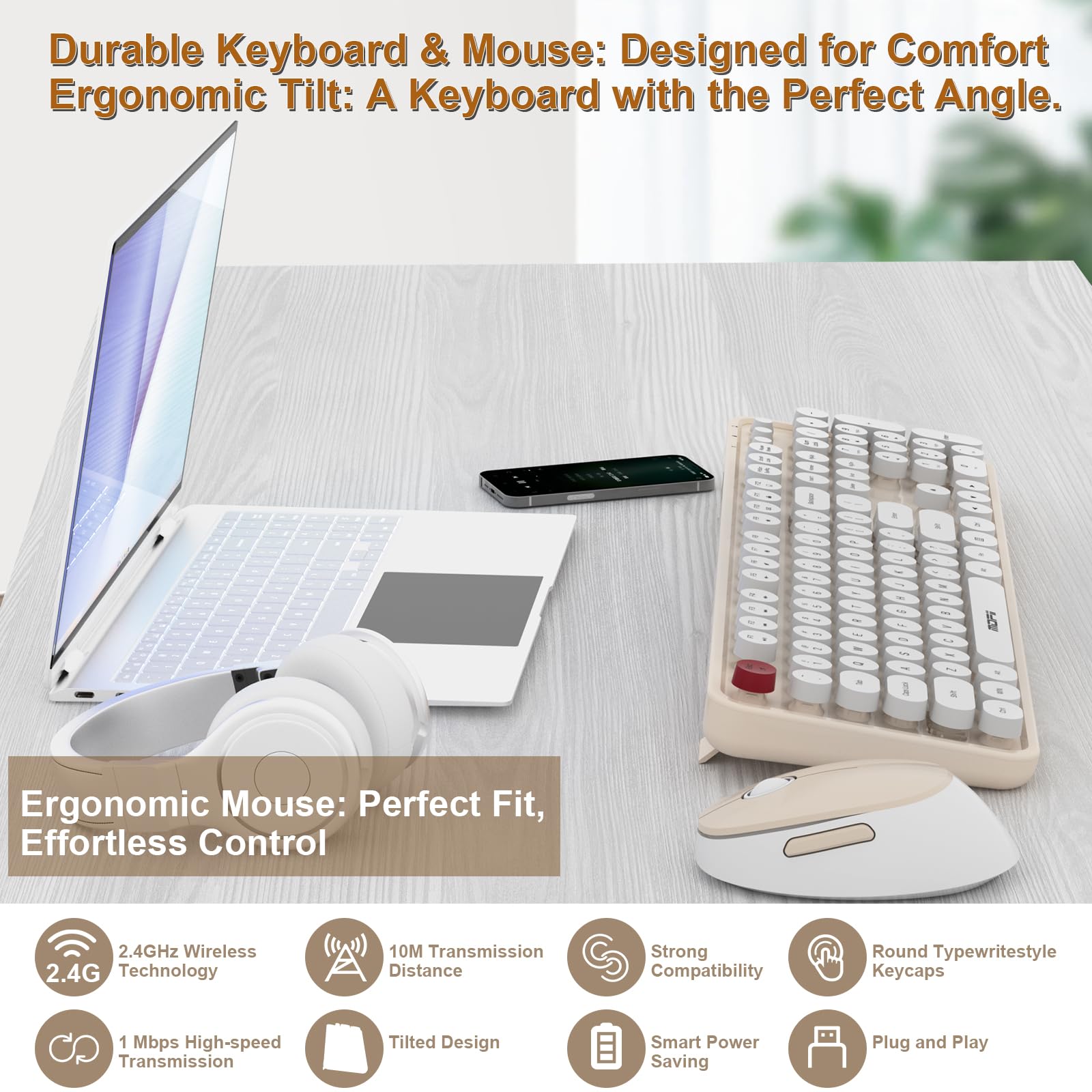 COOFUN - Tastiera senza fili con 104 tasti, colore crema, tastiera ergonomica senza fili, stile retrò, per Windows, PC, laptop, desktop (crema)