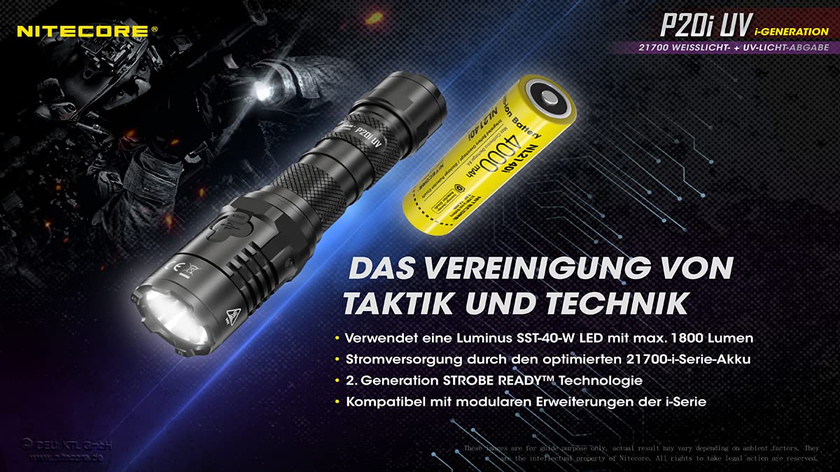 NITECORE Taschenlampe P20i UV - Taktische Akku-Taschenlampe mit 1.800 Lumen & UV-Licht - USB-C aufladbar - 337 Meter Leuchtweite