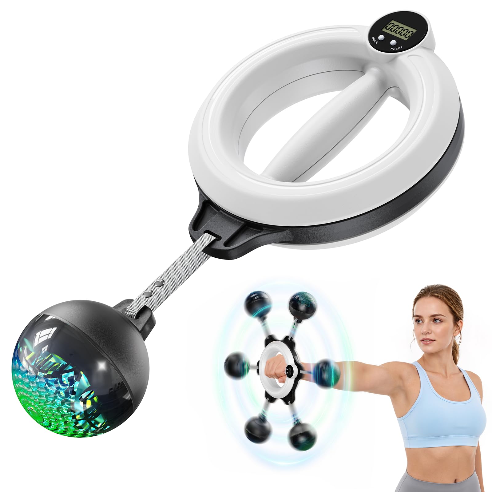 MERACH Forearm Trainer with Counter & RGB Lights, Infinity Arm Hoop with Weighted Ball for Home Office, Suitable for Muscle Recovery, Joint Care & Shoulder Mobility, for Women Men - White