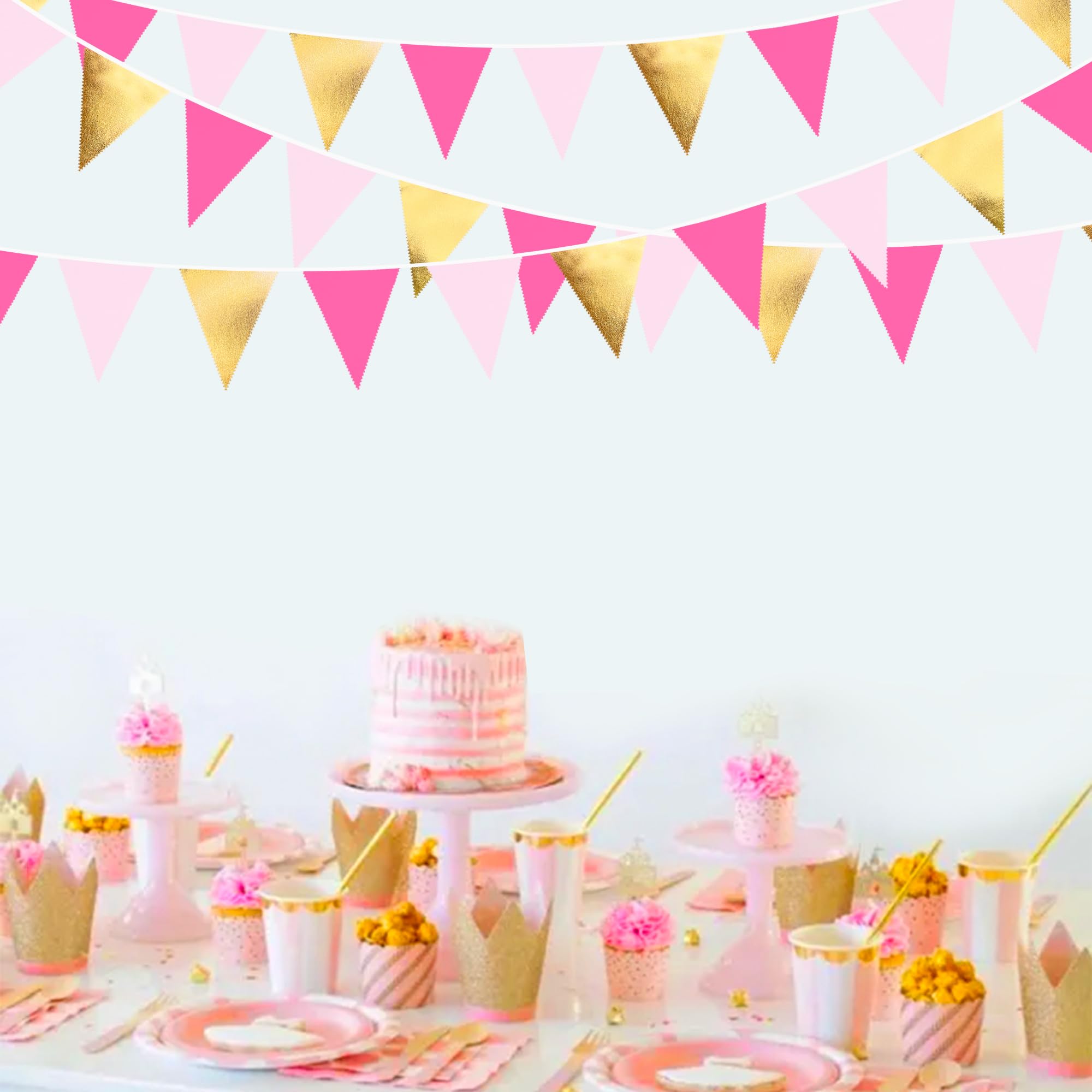 Partydekoration, 90 cm, Rotgold, Metallic-Gold und Hot Pink, Dreieck-Flagge, Stoffbanner, Wimpelkette, Girlande, Luftschlangen für Hochzeit, Babyparty, Geburtstag, Zuhause, Kinderzimmer, Outdoor,