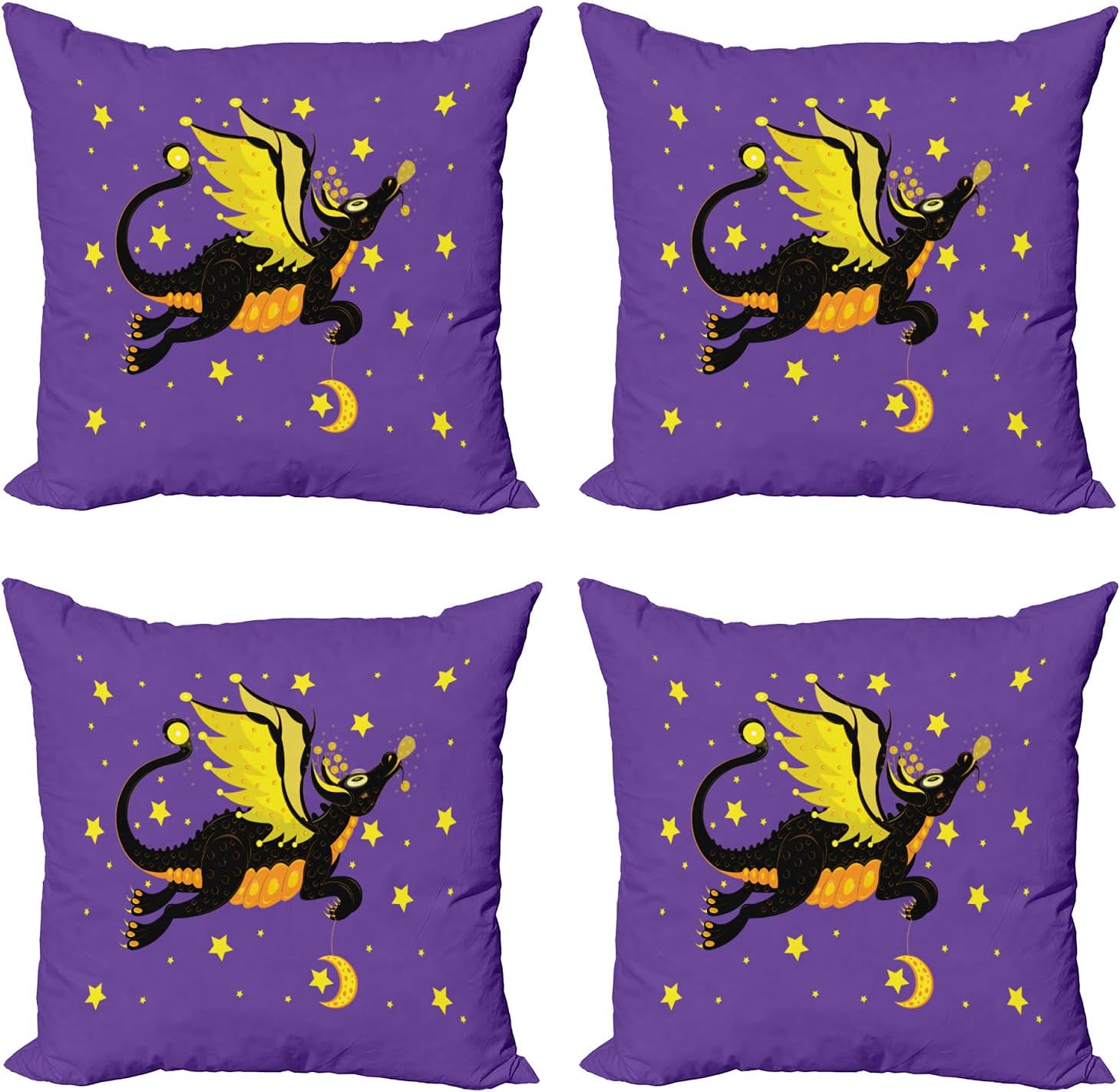 Ambesonne Dragon Decorative Throw Pillow Case Pack of 4, Night Sky with Fierce Creature Moon and Stars, Cushion Cover for Couch Living Room Car, 18", Blue Violet Yellow