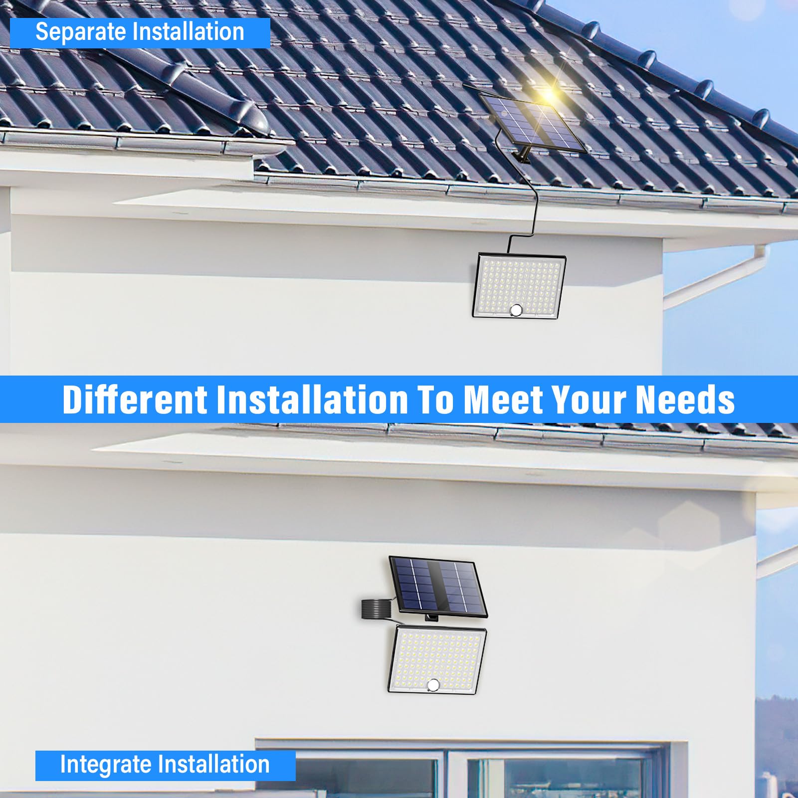 Luz Solar con Sensor de Movimiento, Foco Exterior con Control Remoto, 2000mAh 3 Modos IP65 Impermeable, Luces Led para Jardín, Lámpara con Cable de 5M, 1 Pieza