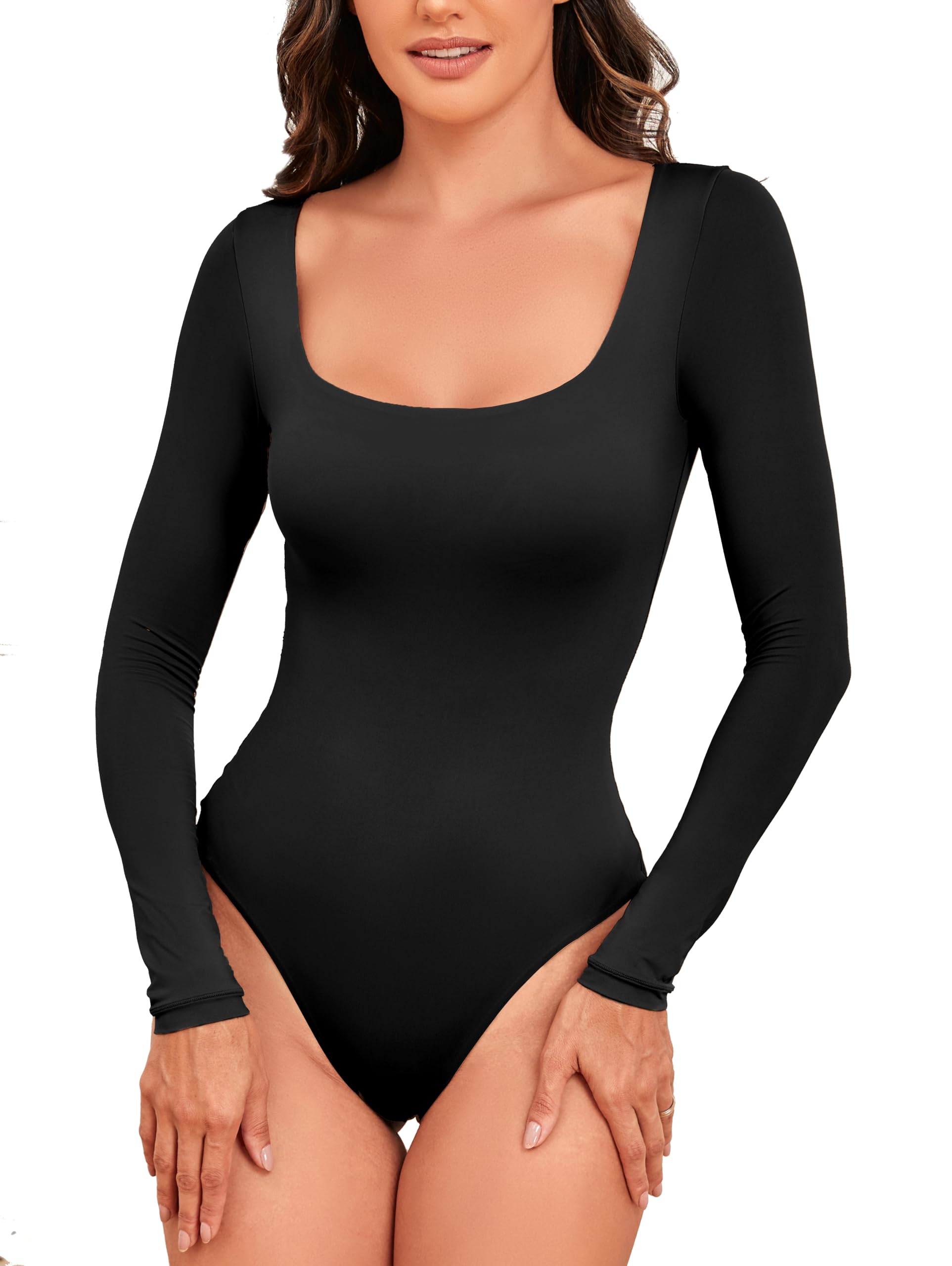 SherryDCWomen's Square Neck Long Sleeves Bodysuit Top Shirts Jumpsuit