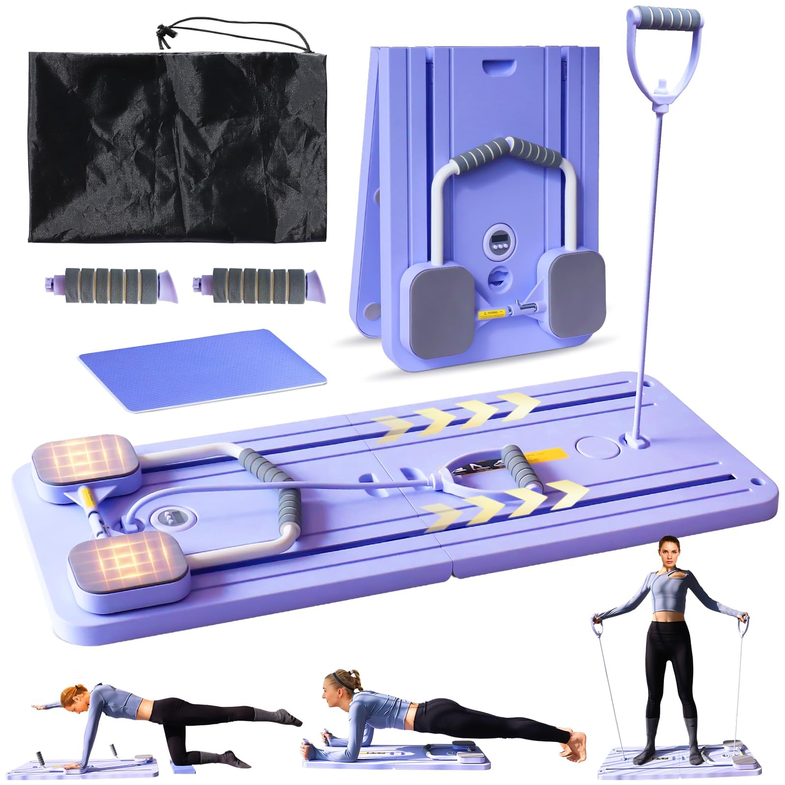 Pilates Reformer Board, Faltbares Pilates-Brett mit LED-Zähler, Automatische Rebound-Bauchmuskel-Trainer-Rollenmaschine, Zuhause, Fitness, mit Aufbewahrungstasche