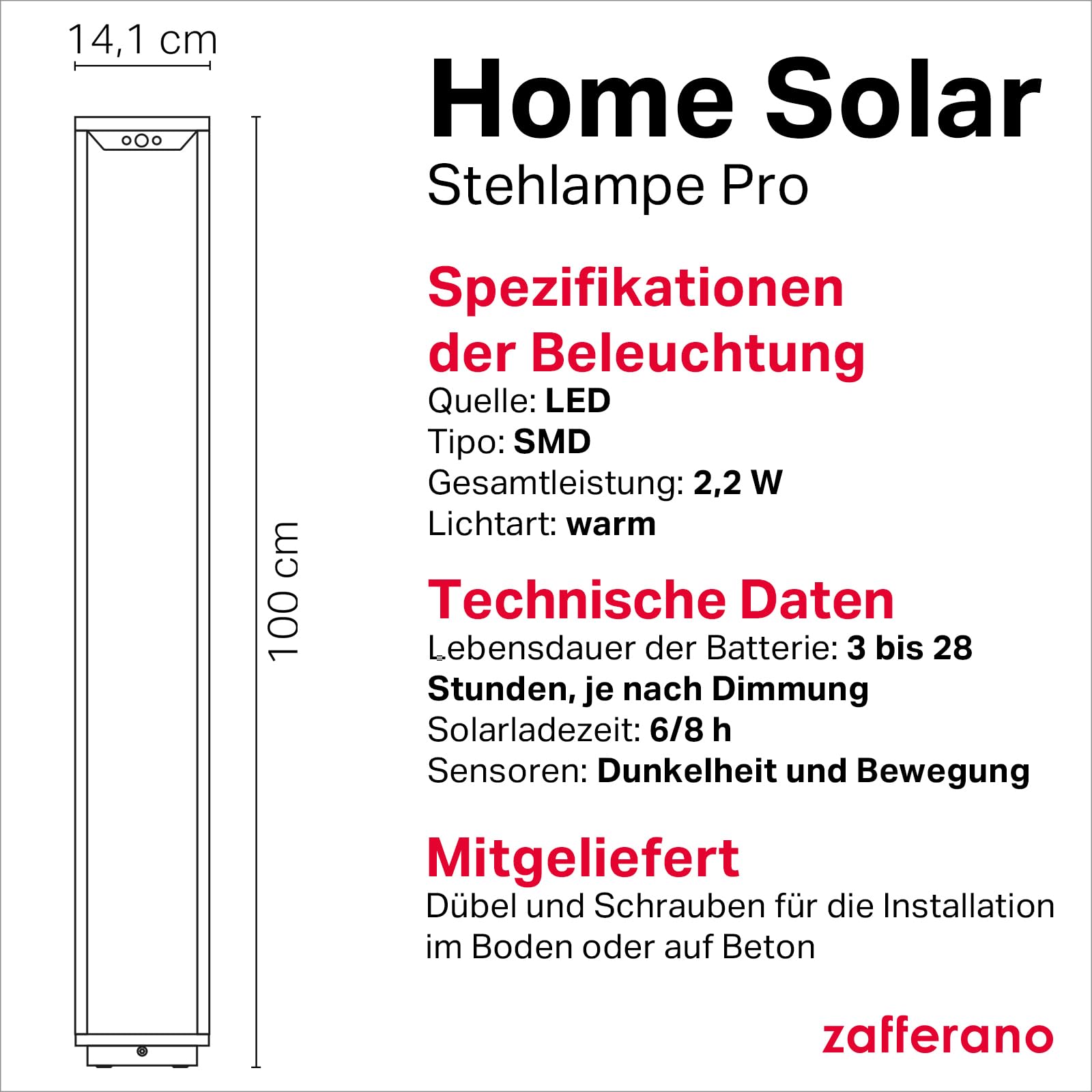 Zafferano, Home Solar Lampe, Kabellose Stehleuchte mit Solarpanel und Bewegungssensor, für den Außenbereich Geeignet, Dimmer, 3000 K, Höhe 100 cm, Farbe Dunkelgrau