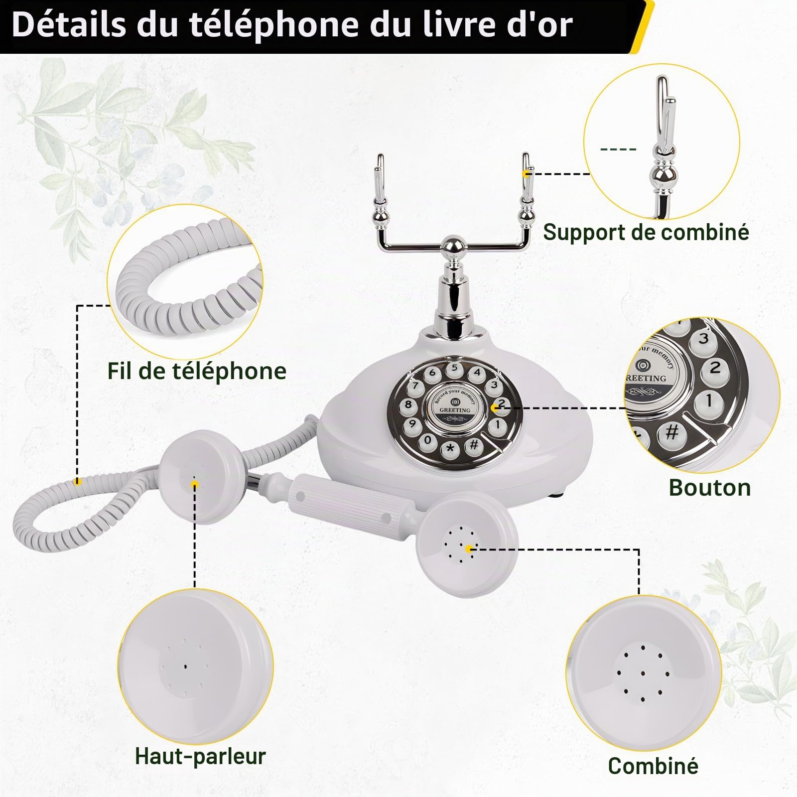 Livre d'or audio pour téléphone de mariage, enregistrez un message audio personnalisé avec le livre d'or audio pour téléphone rétro pour mariage, anniversaire, fête, confession (Téléphone Blanc)