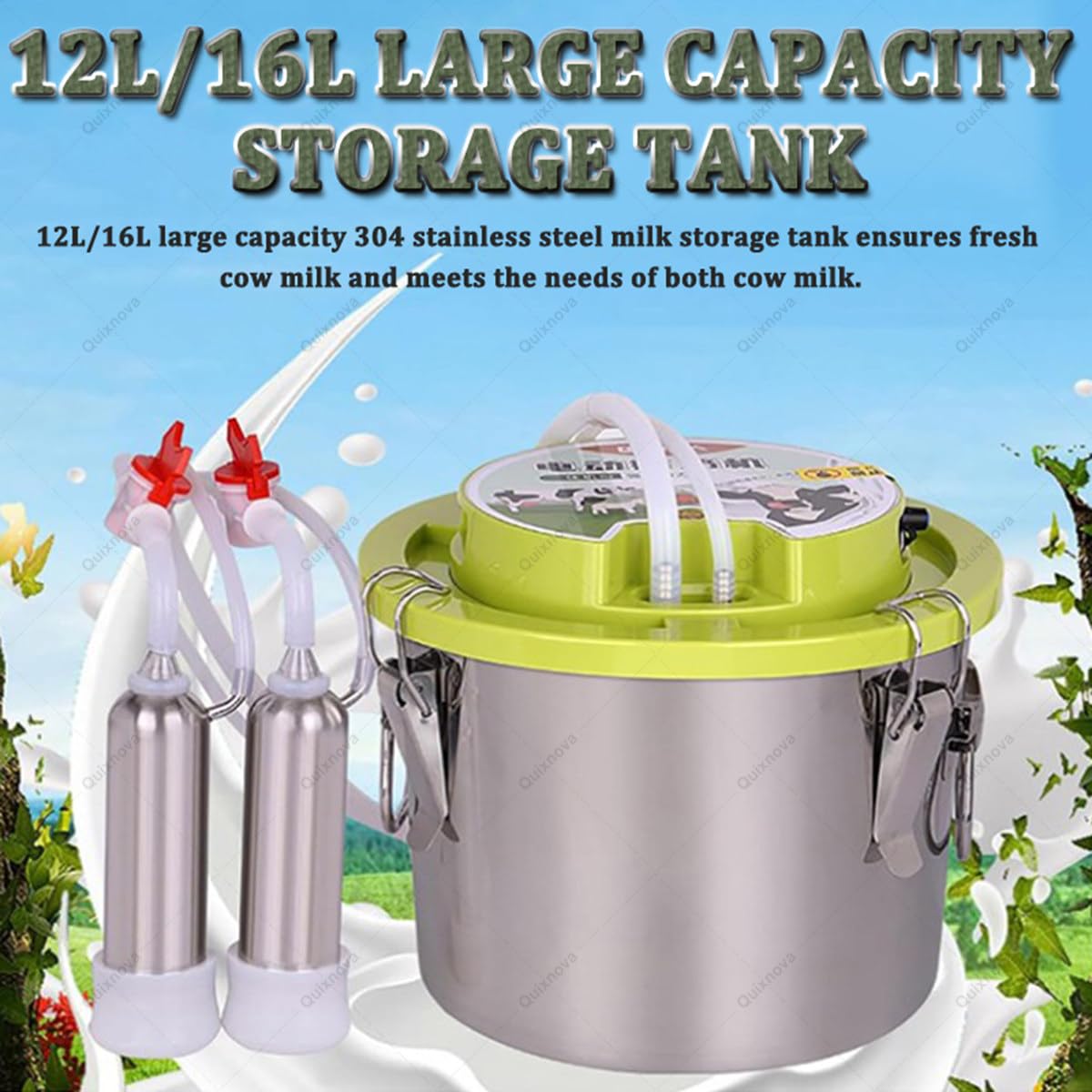 Mungitrice Portatile per Piccole aziende agricole domestiche, mungitrice per Mucche con Secchio in Acciaio Inox da 12L/16L, Attrezzatura Automatica per la mungitura del Bestiame 12L