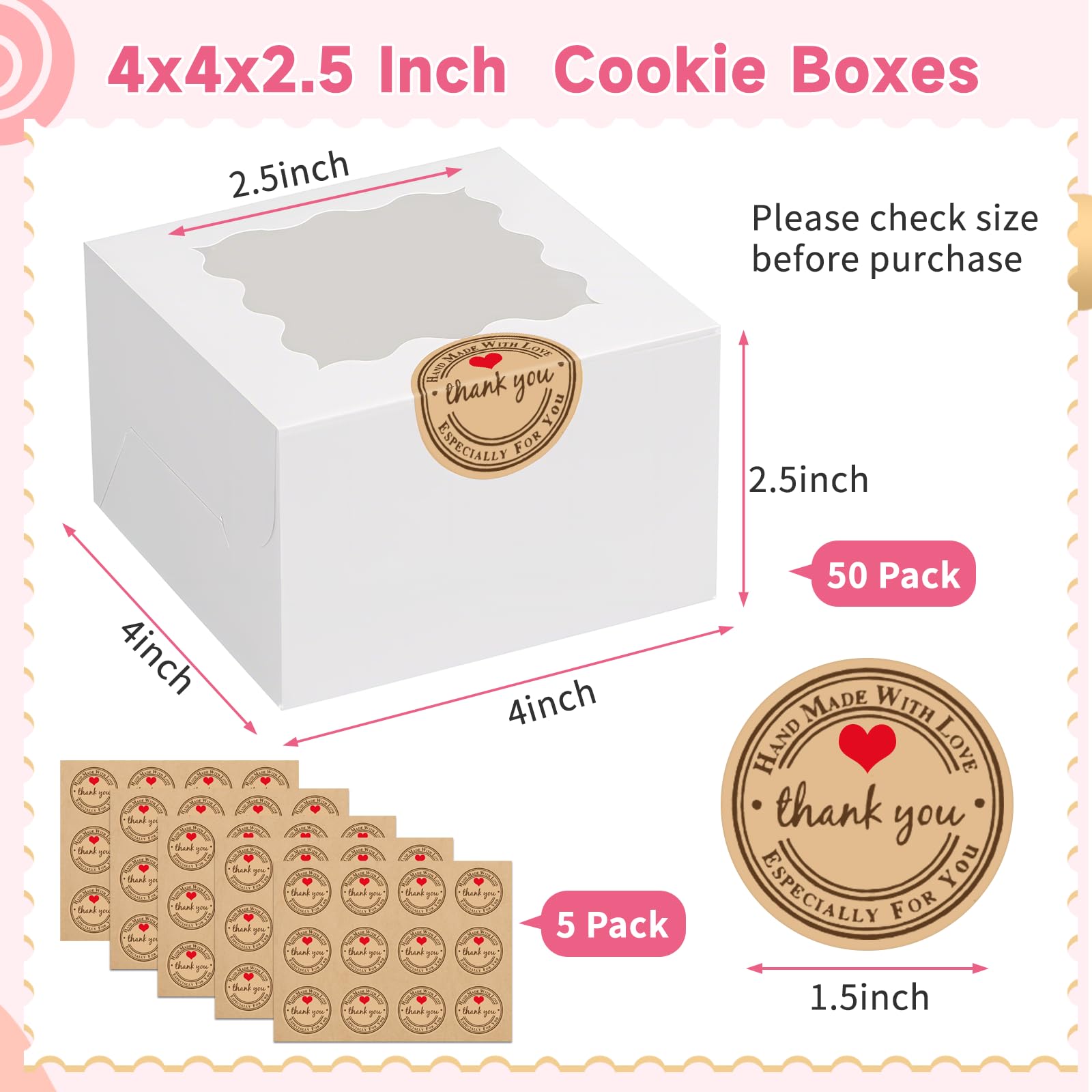 LTWQLing 50pcs White Cookie Boxes,4x4x2.5 Inches Bakery Boxes with Window,with Stickers, for Mini Cake Treat Dessert Pastry Donuts Macaroon Strawberries Chocolate Candy