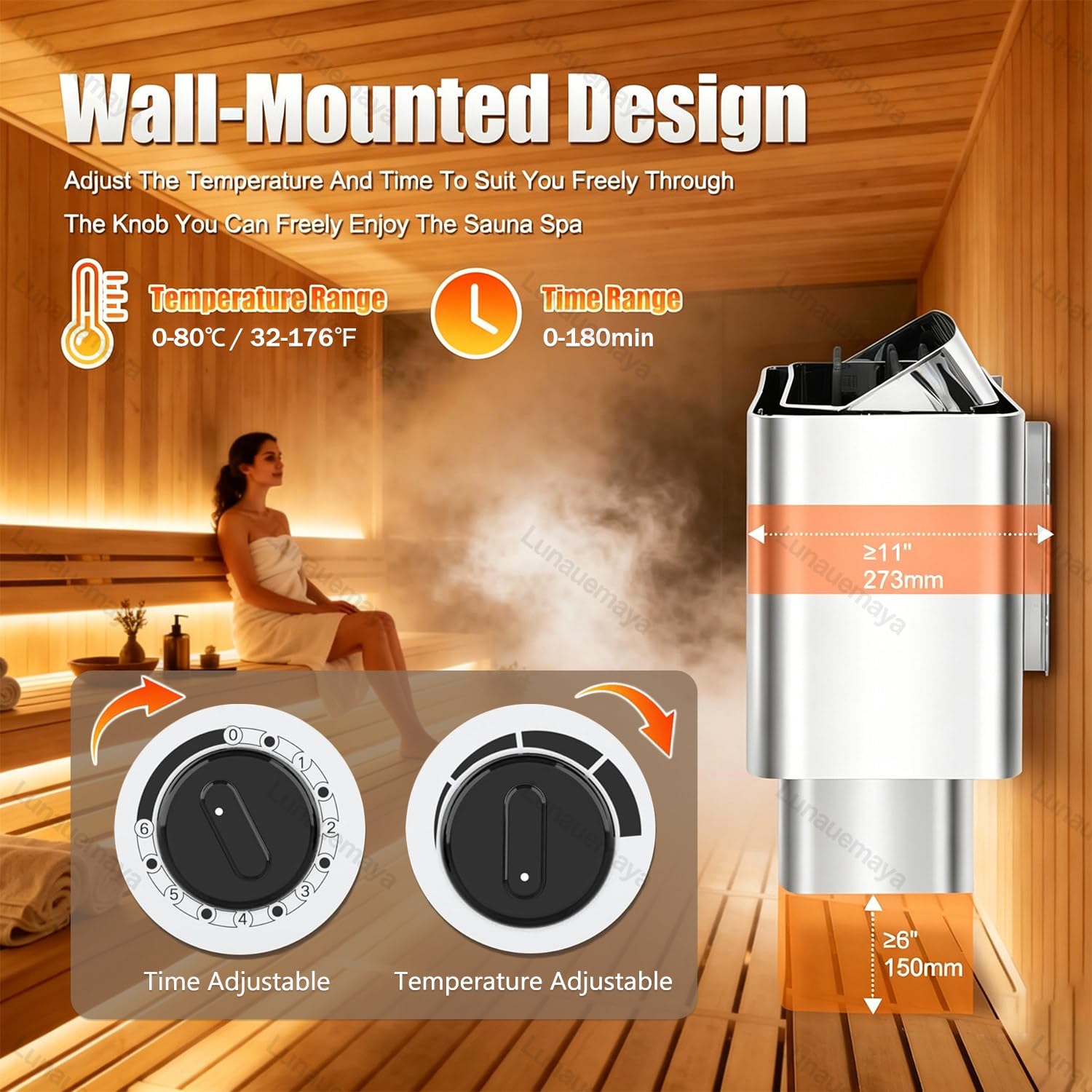 Riscaldatore per Sauna, Stufa Elettrica per Sauna da 9KW 220V, Riscaldatore per Bagno Turco, Timer di 3 Ore e Temperatura Regolabile per Max. 9-15m³, per Casa, Hotel, Spa, Doccia
