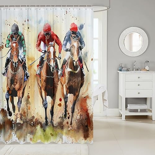 Miniatura 2 de Cortina de ducha de carreras de caballos, emocionante juego de caballos, cortina de baño para niños, cortina de baño impermeable con 12 ganchos,