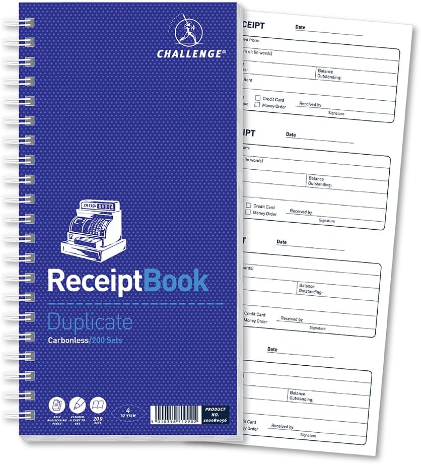 Challenge Duplicate Receipt Book, Carbonless, 200 Pages, 1 pack (280 x 141 mm)