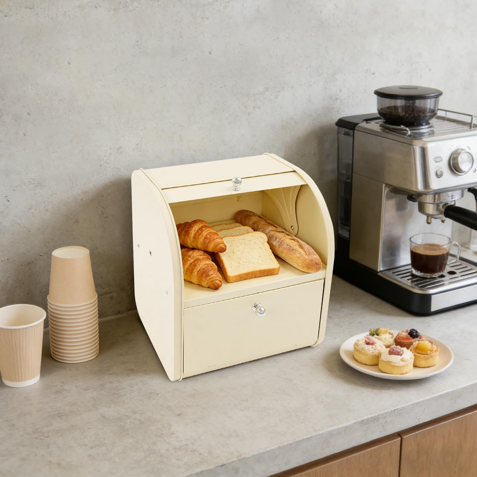 Brotkasten 2 Etagen mit Rolltop Deckel, Metall Brotbox 30x25x33cm (Beige) | Brotbehälter aus Kohlenstoffstahl, 2 Fächer mit Separatem Zugang, Luftdurchlässige Seitenlöcher