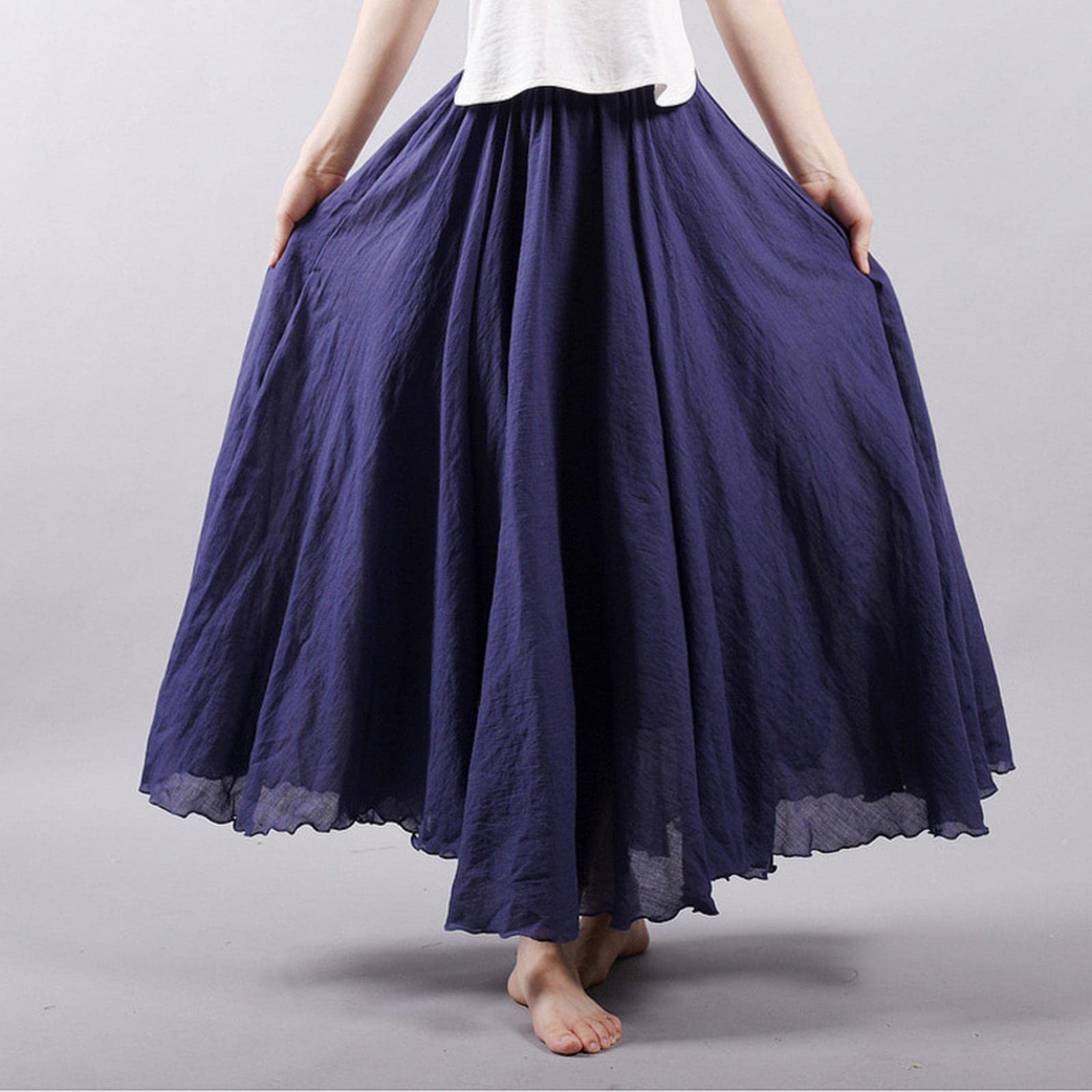 Jupe longue plissée en lin et coton pour femme - Taille élastique - Jupe d'été vintage, Vert, 40