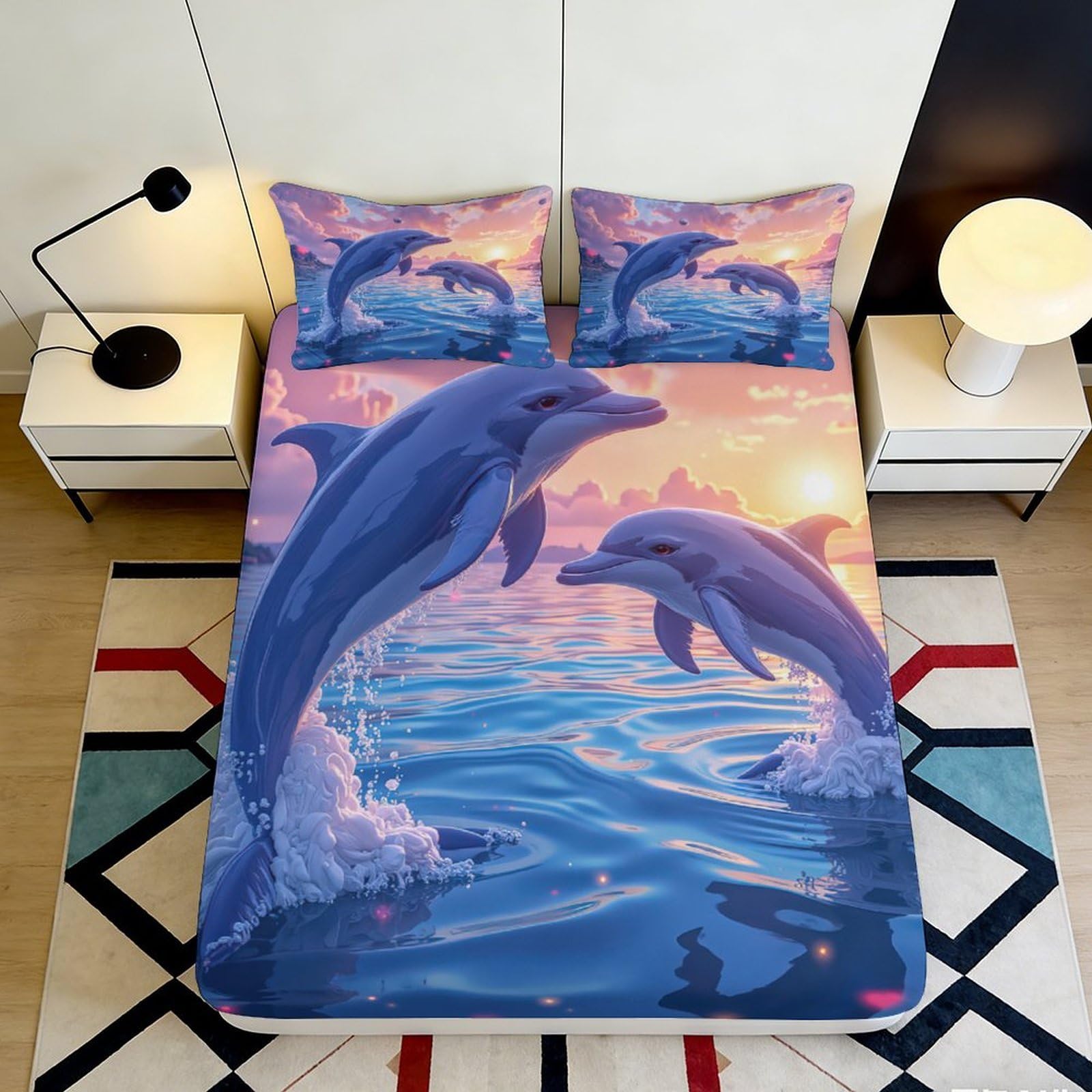 3D Printed Dolphin Sunset Fitted Sheet Microfiber Anti-Slip Ocean Wave Bed Cover for Bedroom Dorm Mattress Decor 90x200x25cm