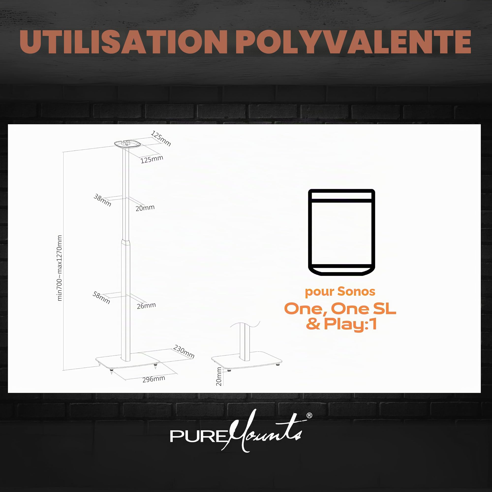 PureMounts® Pied d'enceinte réglable en Hauteur pour SONOS One®, SONOS One SL®, capacité de Charge 3 kg, Distance au Mur 25 cm, Acier et Aluminium, Blanc
