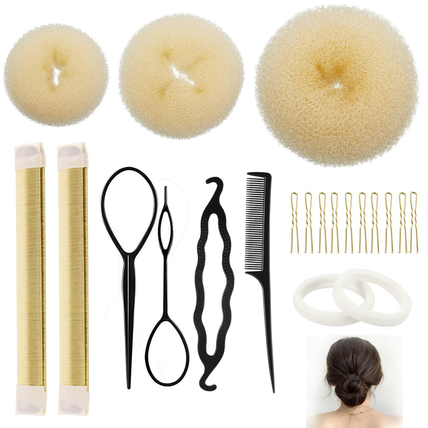 Juego de 21 Piezas Moldeador de Moños para Mujer, Kit con Donuts de Pelo y Horquillas - Beige