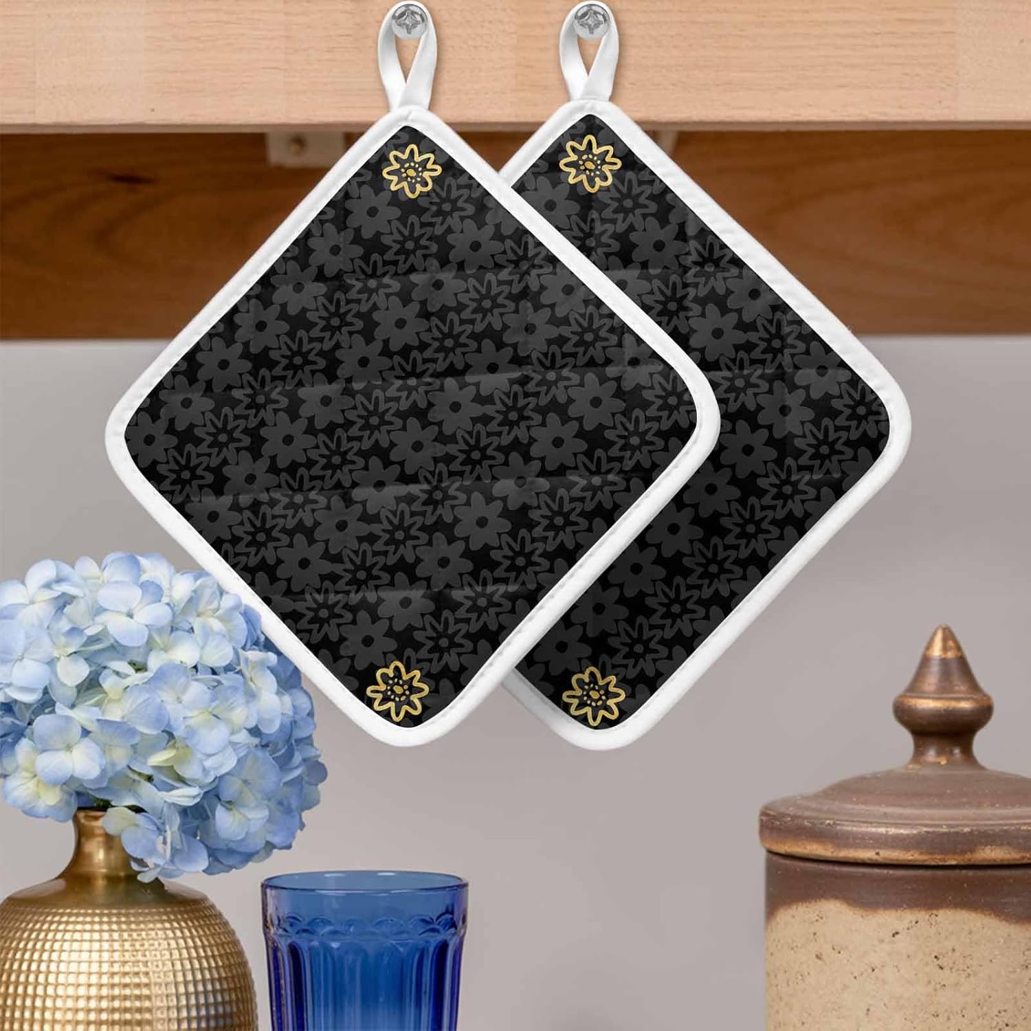 Black Golden Floral Pot Holders for Kitchen Heatproof Potholder, 5 Pack Modern Abstract Art Spring Flowers Hot Pads Multipurpose Oven Pads Cloth Potholders Trivet for Cooking Baking