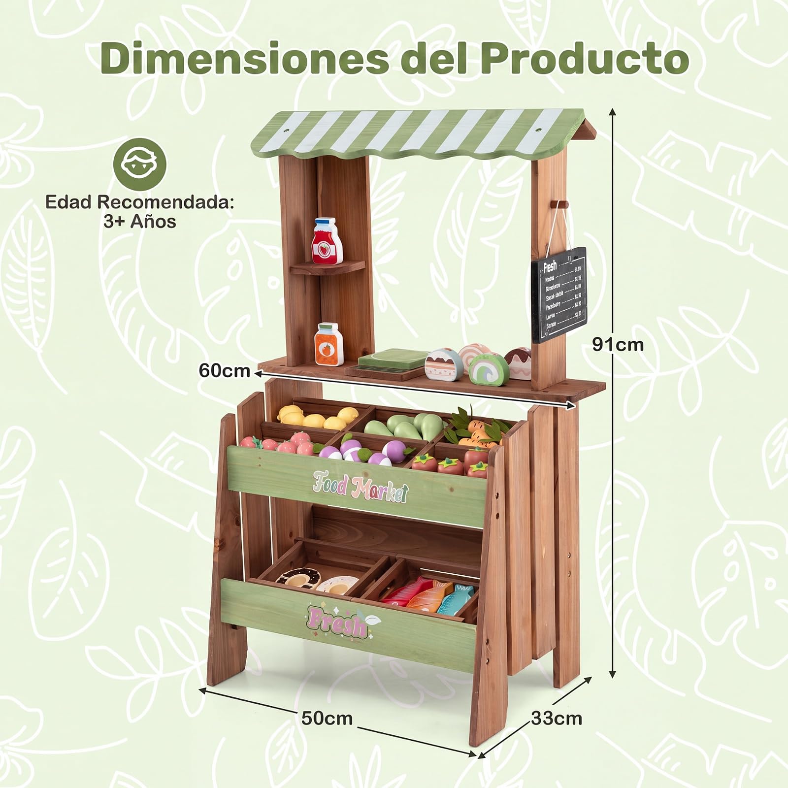 COSTWAY Tienda de Comestibles de Juguete para Niños, Supermercado Infantil | Madera de Abeto, con Toldo, Pizarra y Varios Accesorios, Soporte Puesto de Mercado Infantil para Interior Exterior 3+ Años