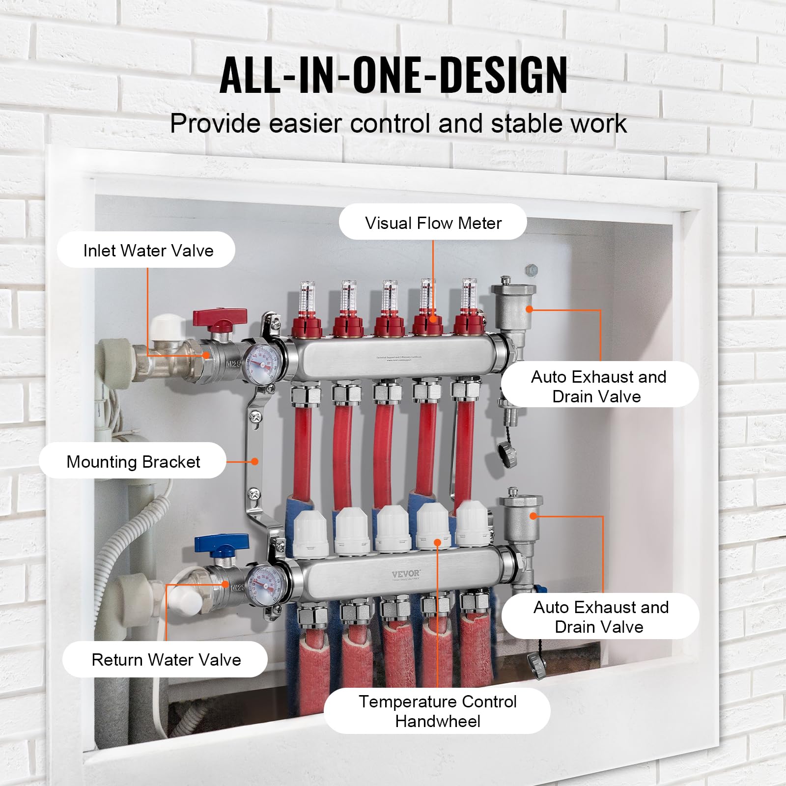 VEVOR Colector de Calor Radiante de 5 Derivaciones, Colector de Tubería PEX de Acero Inoxidable SUS304 para Calefacción por Suelo Radiante Hidrónico, con Adaptadores, 440 x 370 x 110 mm, 0-5 L/min