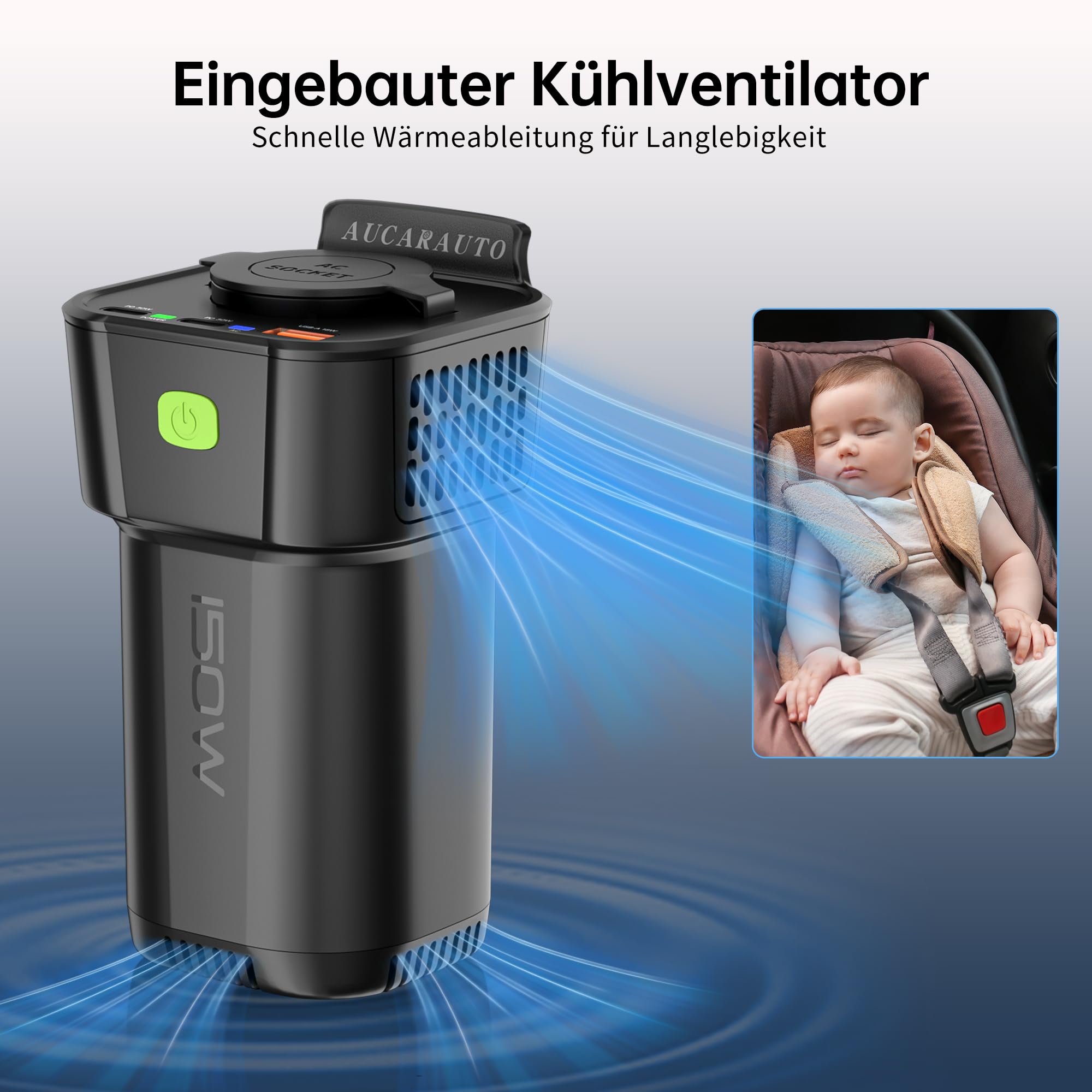 150W Spannungswandler, DC 12V zu 230V AC 5-in-1 Wechselrichter Getränkehalter Konverter mit 10A Zigarettenanzünder Steckdose, 2 USB-C 30W & 1 USB-A 18W Ladeanschlüsse - Schwarz