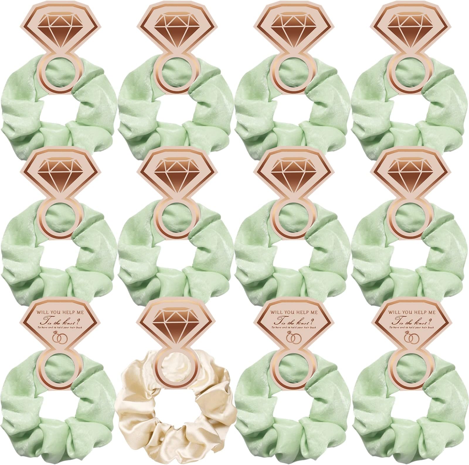 Hair Scrunchies for Women,Bridesmaid Scrunchie Set, 12 Pieces Satin Hair Ties for Girls, Elastics Ponytail Holders Bobbles for Bridal Hen Party Shower Wedding Gifts (beige and green)