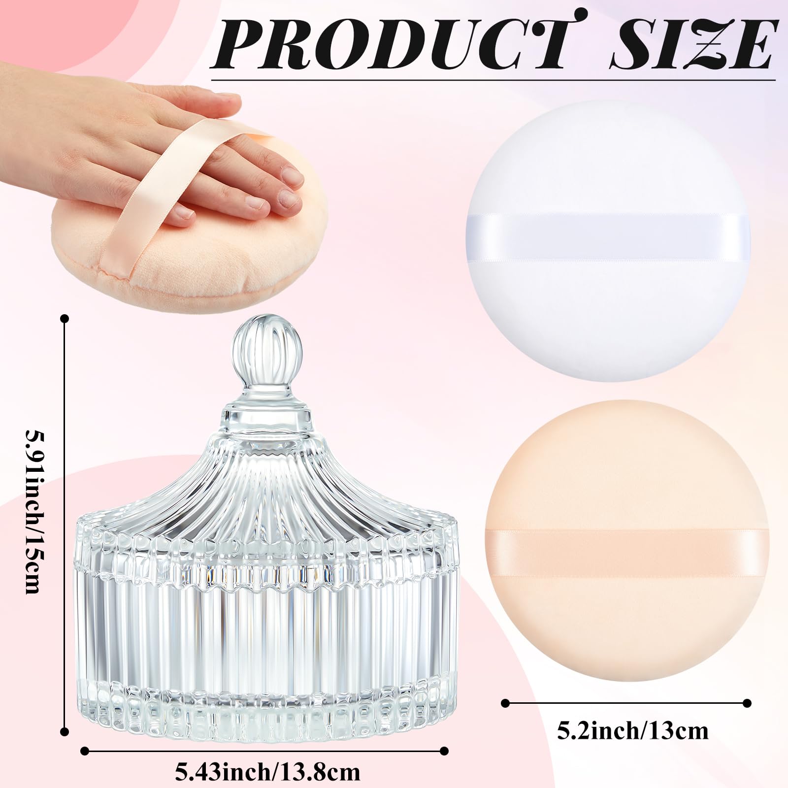 Tioncy 3 piezas extra grandes para polvo corporal y recipiente, recipiente de cristal de 14 cm con esponja de terciopelo de 5.12 pulgadas, caja de vidrio para mujer, herramienta de maquillaje de polvo