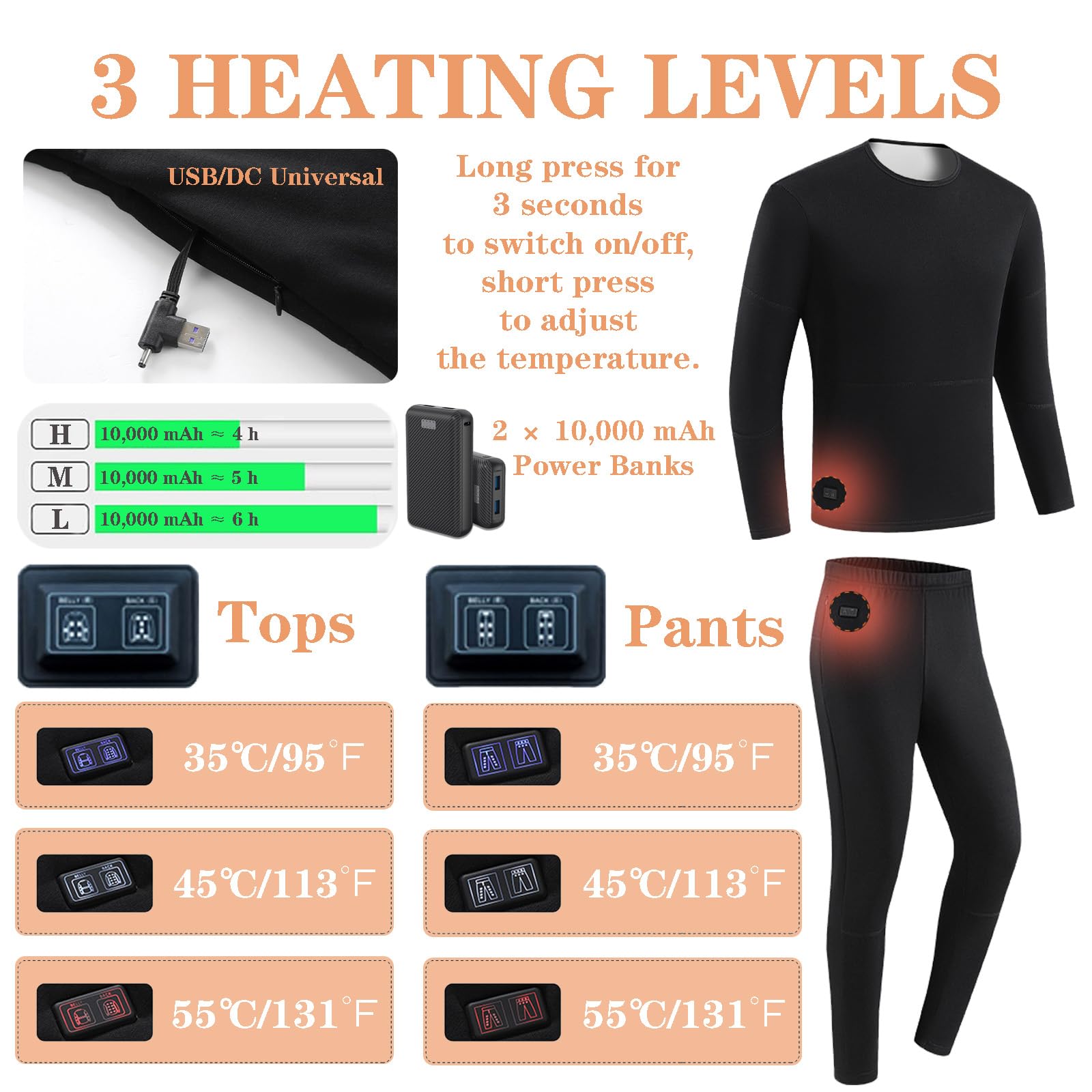 Set di Biancheria Intima Termica Riscaldata da Uomo con 30 Zone di Riscaldamento Pantaloni di Base E Pantaloni Lunghi Foderati in Pile