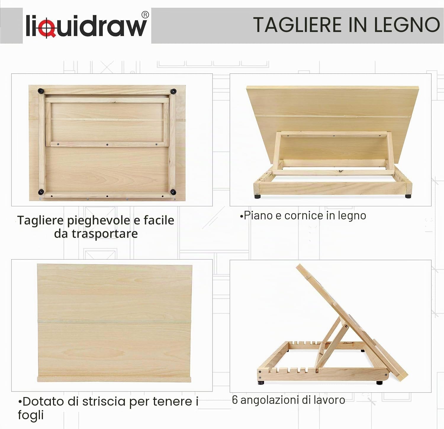 Liquidraw Tavola da disegno A2, 6 angoli regolabili, legno massello, righello quadrato T 60 cm, portatile, cavalletto da tavolo 64,8 x 47 cm