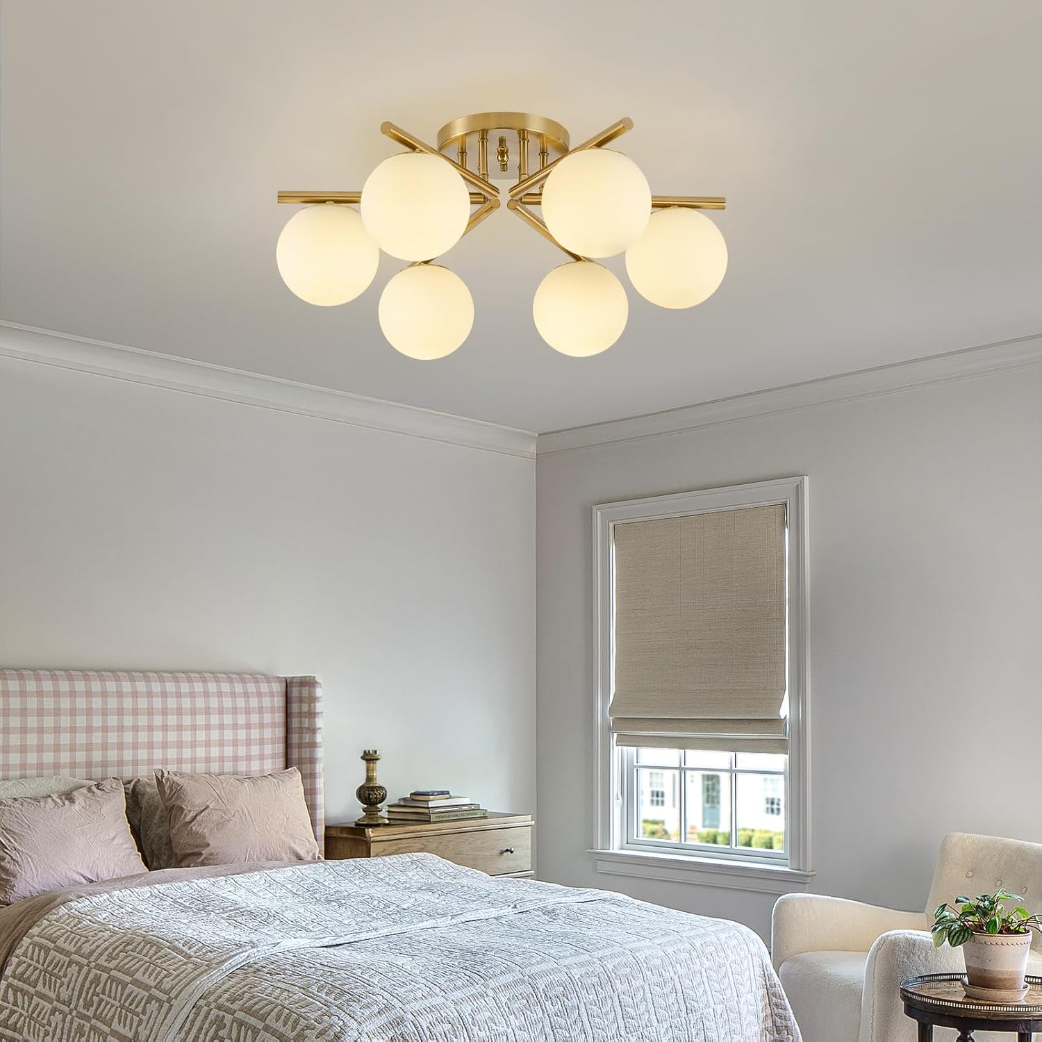 6 Lights Sputnik Ceiling Light Fixture,Semi Flush Mount Ceiling Light Sputnik with Milk Glass Globe, Brushed Brass Chandelier for Living Room, 25.98‘’ Large Mid Century Modern Fixture