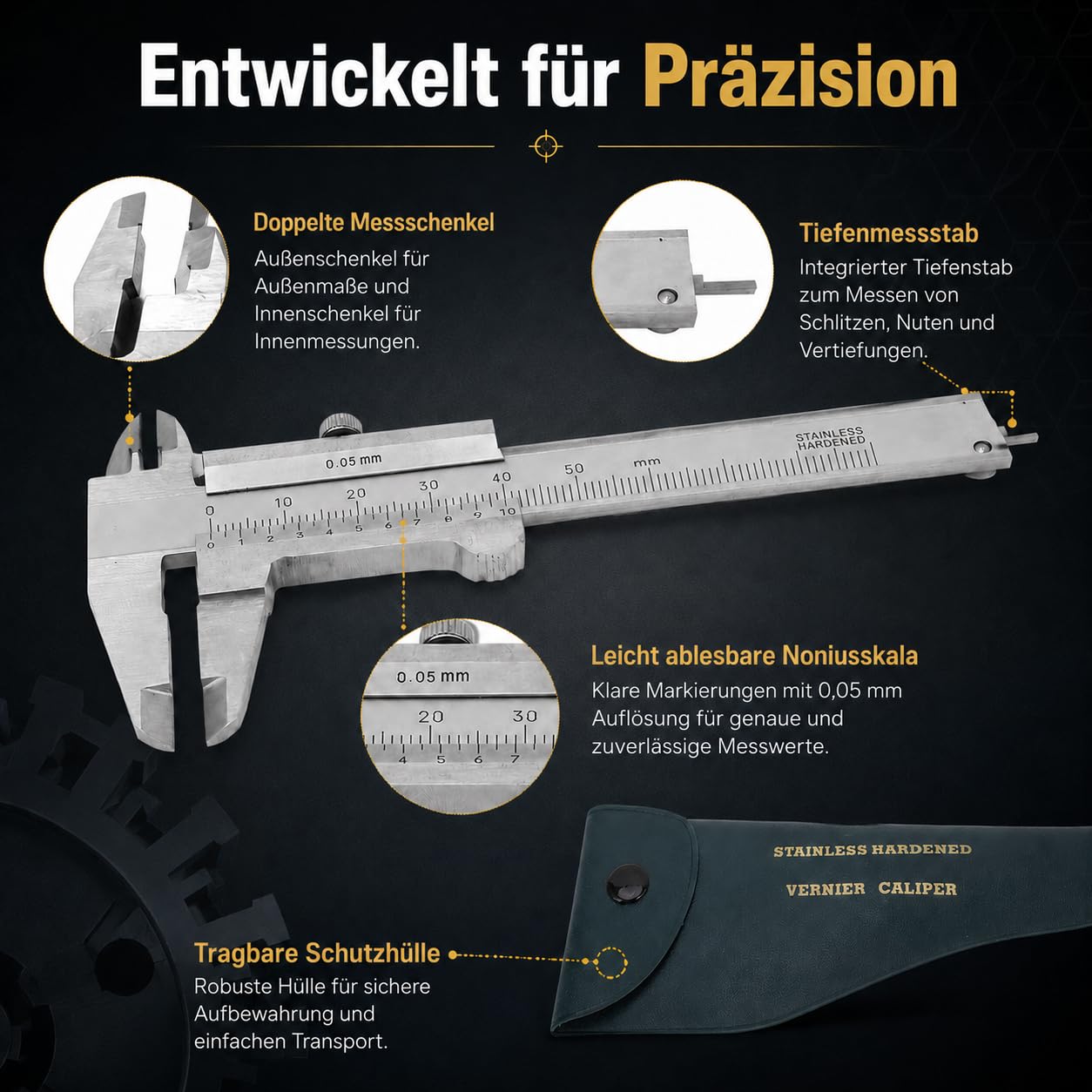 Messschieber Edelstahl Tragbar - 0-50mm Präzisions-Messwerkzeug mit 4 Messmodi, Doppelskala (mm/Zoll), Für Schmuck, Münzen, Antiquitäten, Studenten