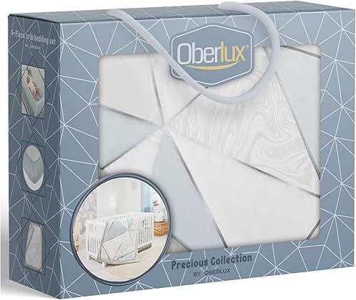 Miniatura 7 de Juego de ropa de cama para cuna para niños | Juego de ropa de cama de 4 piezas para cuna | Patrones geométricos, plata brillante, azul bebé y