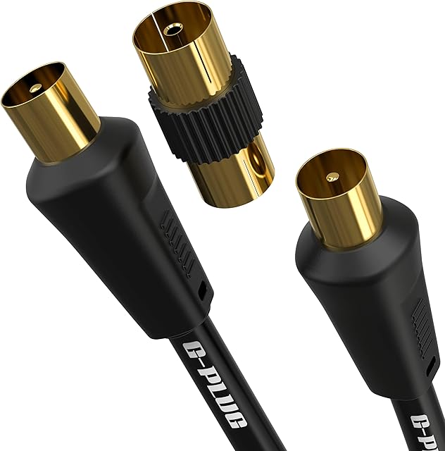 10m Long TV Aerial Cable with Plug Adapter - Coaxial Satellite Cable TV Antenna AV Lead Male to Male with RF Connector Coax Extension Gold - FreeView, FreeSat, Sky Box, BT