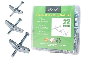 cSeao 22 Pieces Heavy Duty Drywall Ceiling TV Anchors Toggle Bolt Assortment Kit, 1/8" 1/4" 3/16" Spring Loaded Hollow Wall Inserted Bolt Wing Nuts
