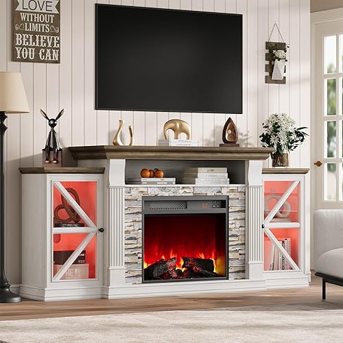 Miniatura 2 de QUW Soporte de TV con Chimenea Eléctrica, Centro de Entretenimiento Estilo Granja de 70" con Estante Abierto y Gabinete con Puerta de Granero