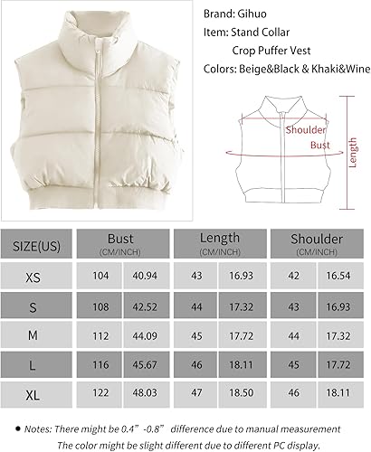 Miniatura 5 de Gihuo Chaleco acolchado recortado para mujer chaleco acolchado de invierno chaleco con cremallera completa cuello alto chaqueta sin mangas