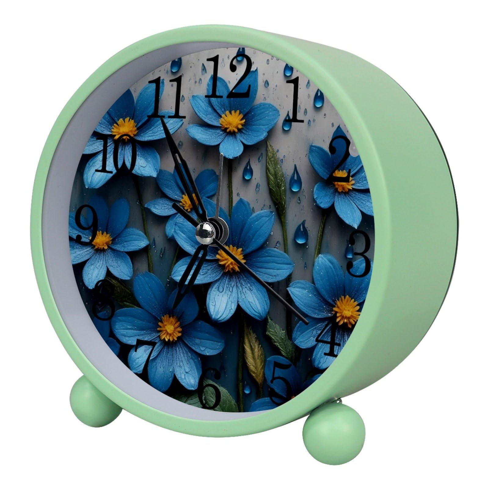 etoenbrc Blue Wildflowers Florals Round Battery Operated Bedside Alarm Clock Non-Ticking Desktop Silent Analog Alarm Clock with Light